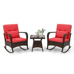 3-Piece Outdoor Wicker Rocking Chair Set, Rattan Bistro Rocker Furniture with Cushions & Pillows, Tempered Glass Coffee Table for Porch Balcony