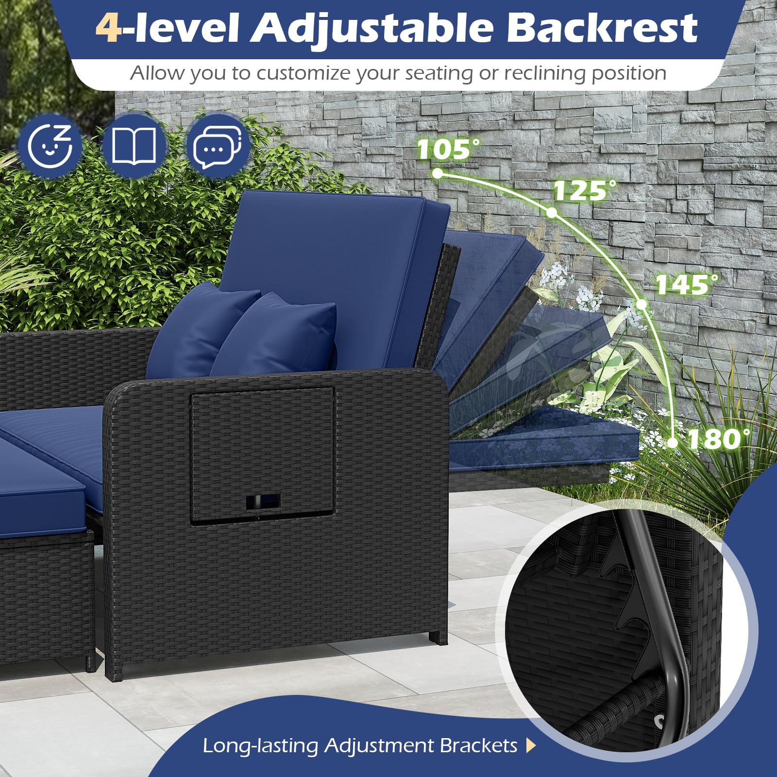 Tangkula Patio Rattan Daybed with 4 Level Adjustable Backrest