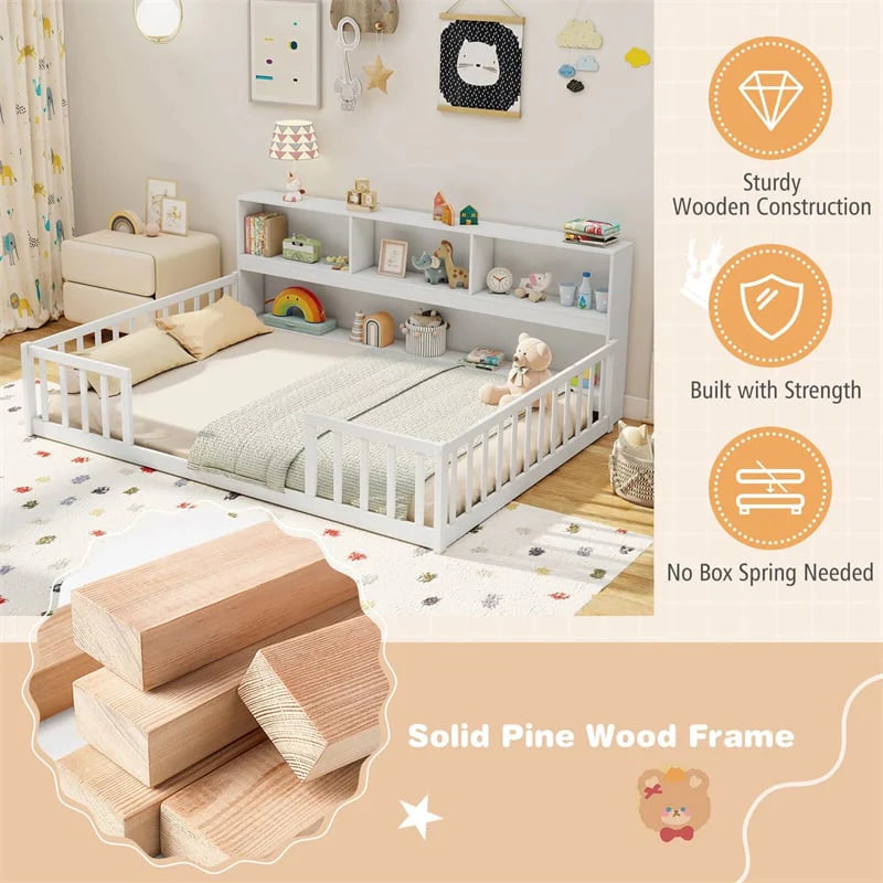 Full Size Montessori Floor Bed with Bookcase, Storage Shelves & Safety Fence Rails, Solid Wood Bed Frame for Kids, No Box Spring Needed