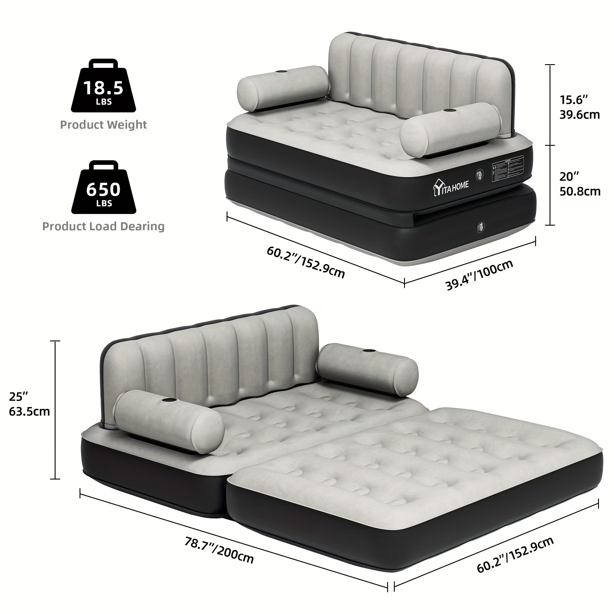 Inflatable Air Sofa Bed 2 - in - 1 Backrest Couch Airbed with Headboard and Pump Convertible Blow up Bed Mattress for Home, Camping, and Guests, Living Room Furniture, Queen Size