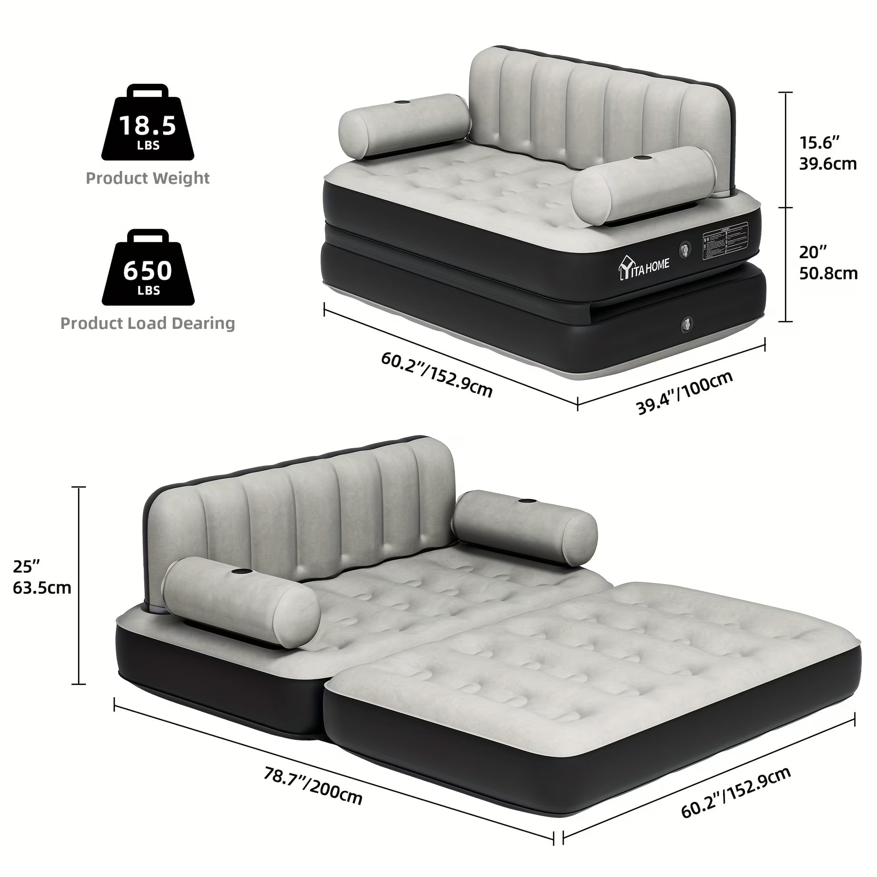 Inflatable Air Sofa Bed 2 - in - 1 Backrest Couch Airbed with Headboard and Pump Convertible Blow up Bed Mattress for Home, Camping, and Guests, Living Room Furniture, Queen Size