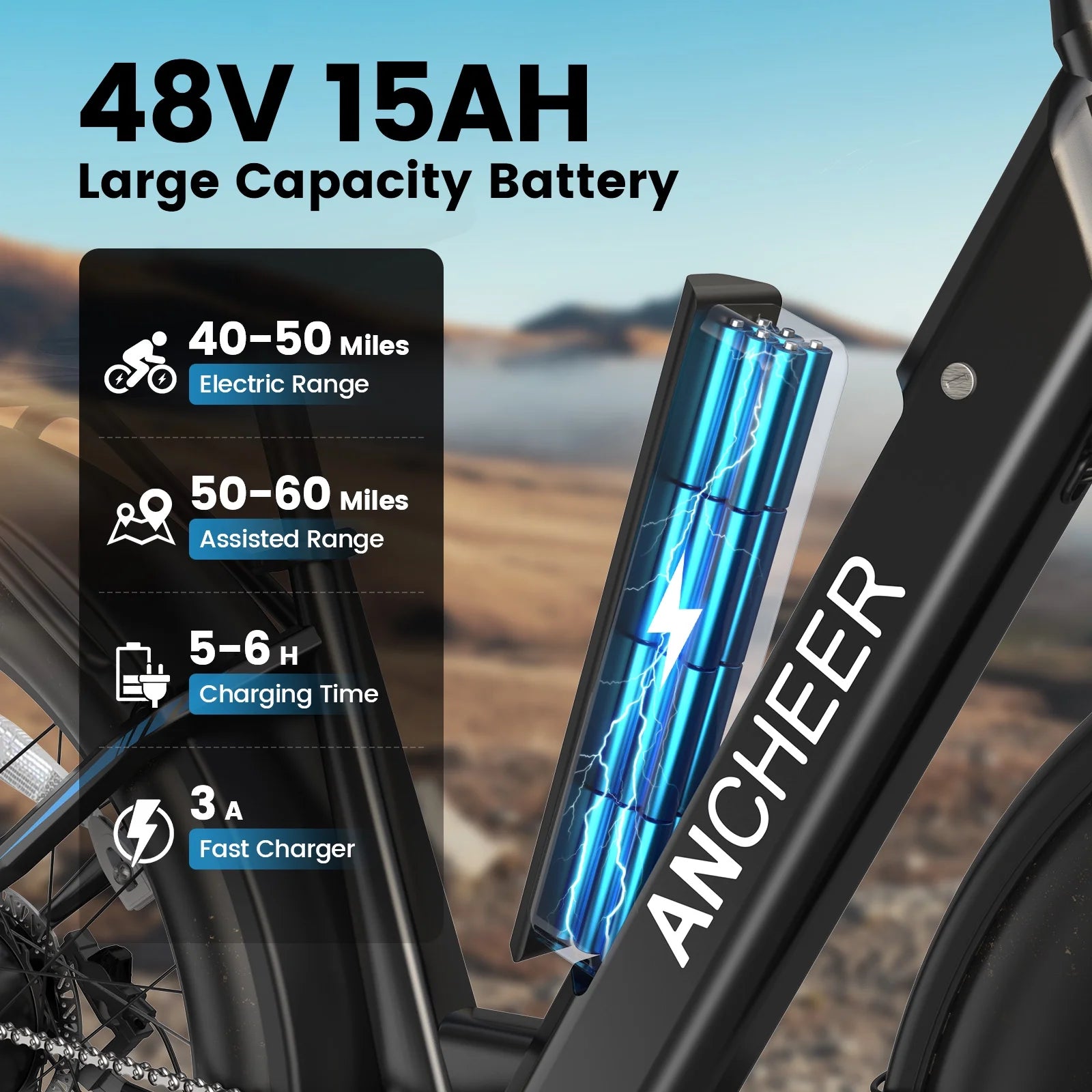 ANCHEER Electric Bike for Adults, 750W Ebike, 28MPH 60miles Electric Mountain Bike, 26" Fat Tire Electric Bicycle with 48V 15AH Battery, Rear Rack, Lockable Suspension Fork, 7 Speed, UL2849