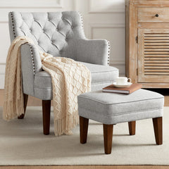 GERICCO Accent Chair with Ottoman Set, Club Armchair Indoor, Comfy Reading Chair and Ottoman for Bedroom Living Room, with Bronzer Nail Head Trim Wooden Legs(Beige)