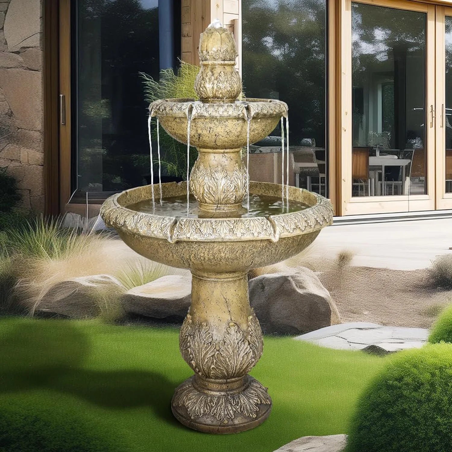 48�?h Outdoor Floor Water Fountain, 3 - Tiers Concrete Water Fountain with Submersible Electric Pump - Garden Cascading Waterfall for Yard Patio Lawn Home Decor