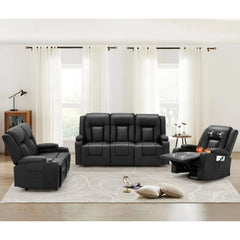 AECOJOY 3 Pieces Leather Recliner Sofa Set with Swivel Massage Chair, Black