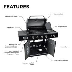 4-Burner Smart Gas Grill with Side Searing Burner. Black with Chrome Accents
