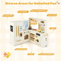 Corner Kids Kitchen Playset with Trash Can, Real Lights & Sounds, 2-Door Fridge, 22 Accessories, Wooden Pretend Play Kitchen for Toddlers 3+