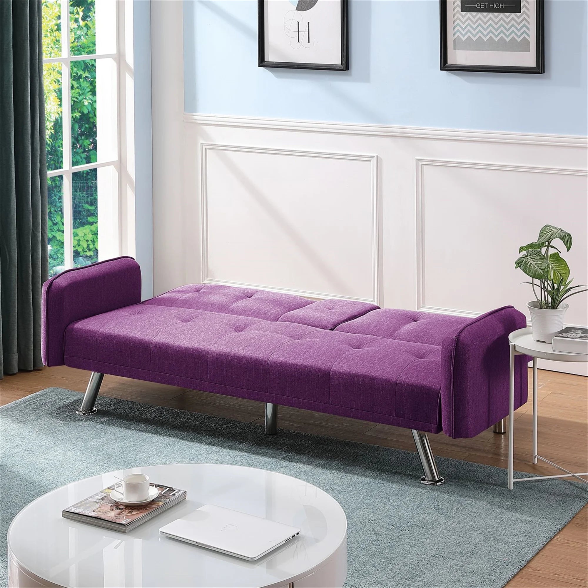 Aukfa 75" Square Arm Futon Convertible Sofa Bed for Home Office, 2 Cup Holders, Linen, Dark Gray