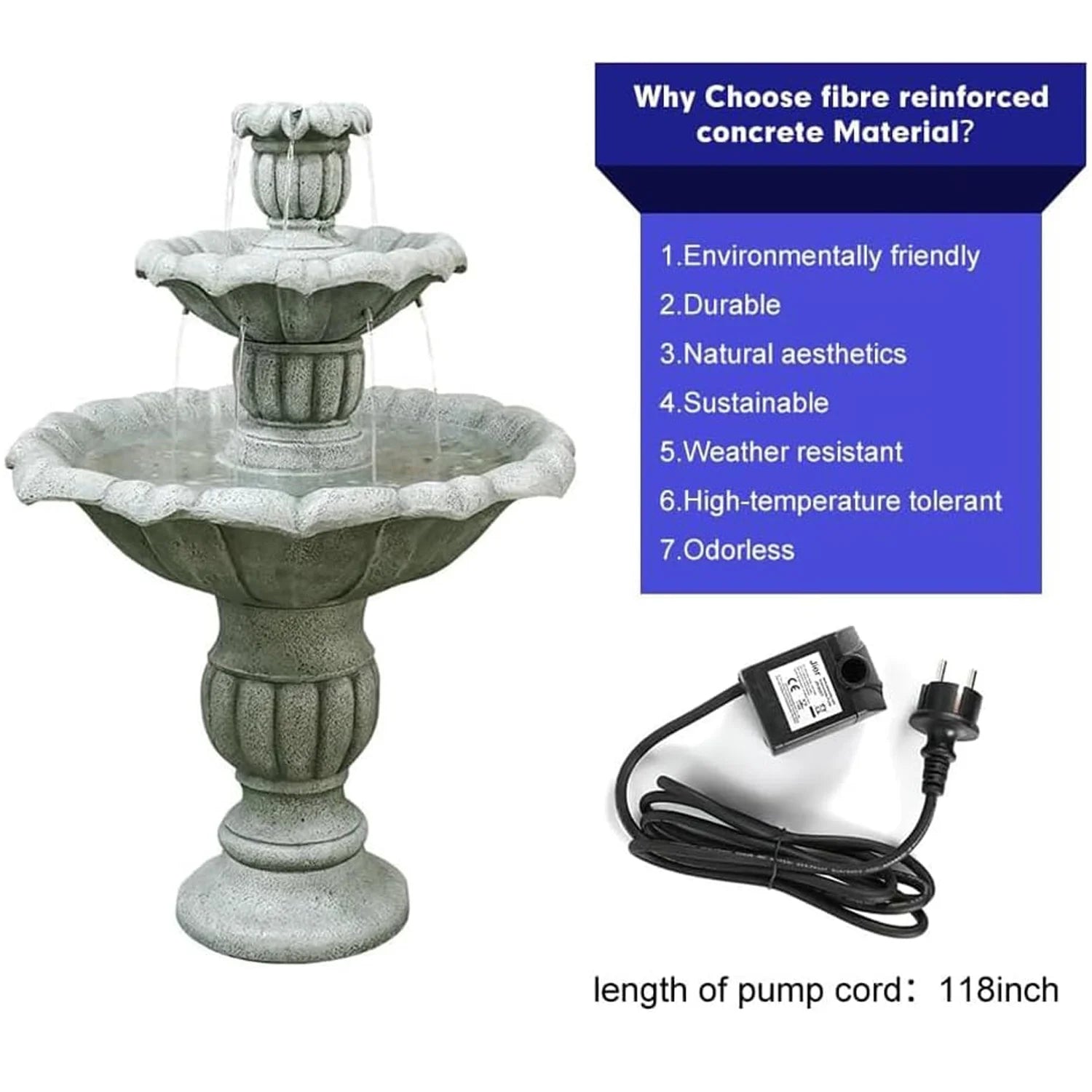48�?h Outdoor Floor Water Fountain, 3 - Tiers Concrete Water Fountain with Submersible Electric Pump - Garden Cascading Waterfall for Yard Patio Lawn Home Decor