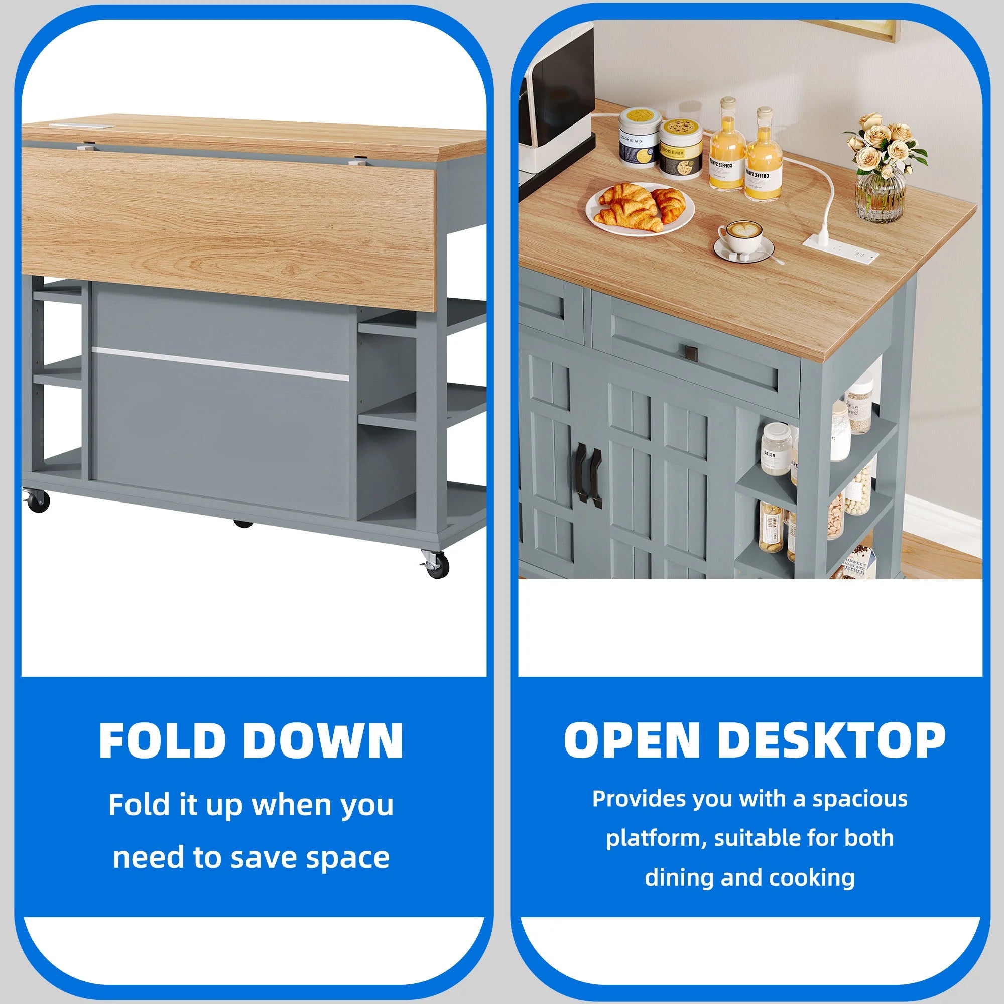 Uforic Kitchen Island Cart with Power Outlets, Kitchen Storage Trolley Cart with Storage Shelves & Drawers, Off - White