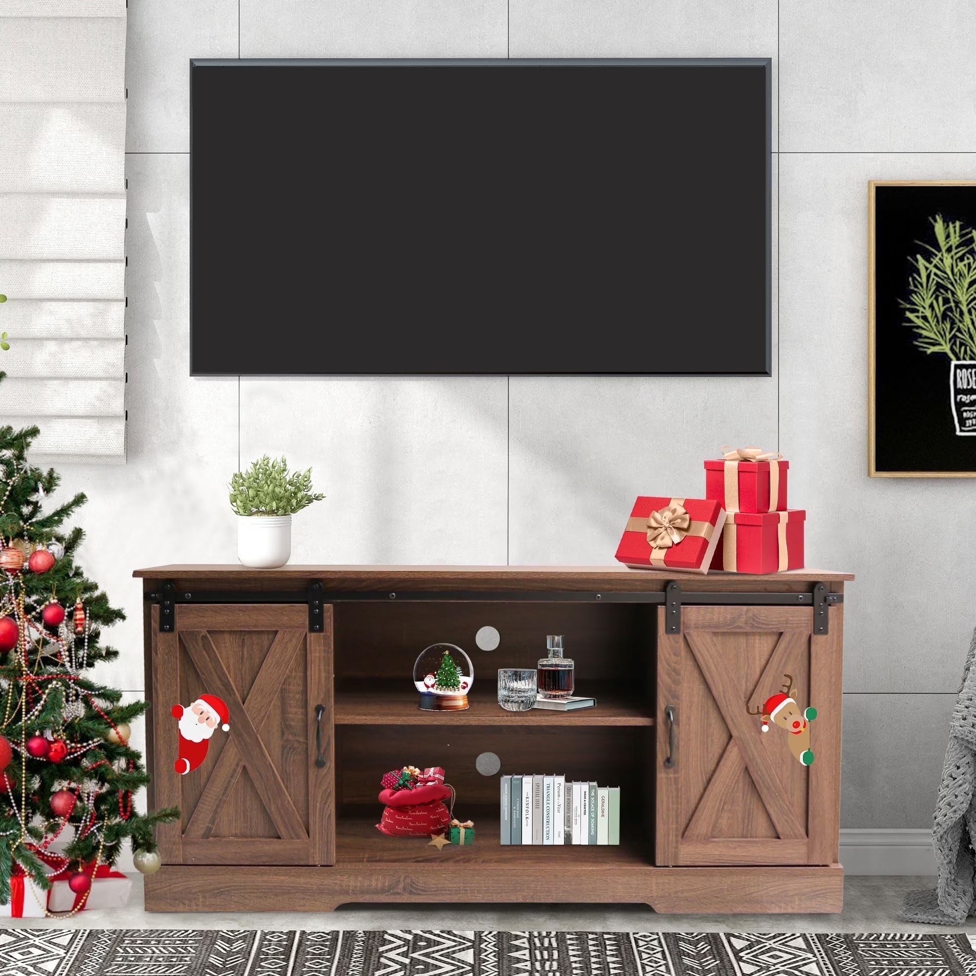 Mayincolor Farmhouse TV Stand for 65+ Inch TV, 34'' Tall Entertainment Center with Sliding Barn Doors, Rustic Wood Media Console Storage Cabinet Television Stand for Living Room, Light Grey