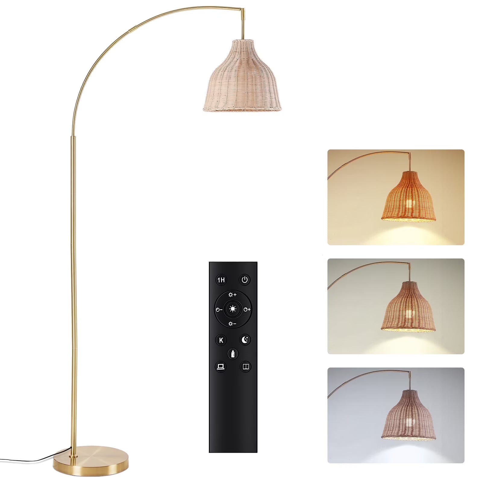 SUNMORY 72 in Arched Rattan Floor Lamp, Fabric Retro Boho Farmhouse Rustic Standing Lamp for Living Room, Bedroom, Office, 9W & Foot Switch & 3 Color Temperature, Gold