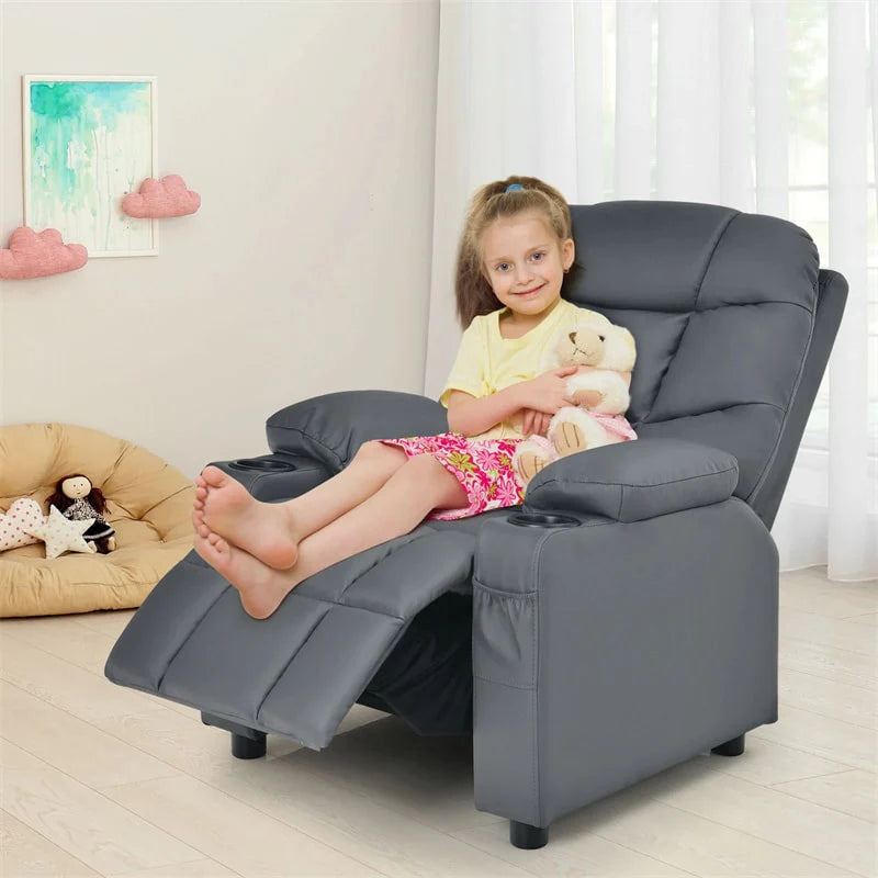 Kids Recliner Chair PU Leather Adjustable Lounge Sofa with Cup Holder, 3 Pockets & Retractable Footrest, Ergonomic Toddler Furniture Sofa
