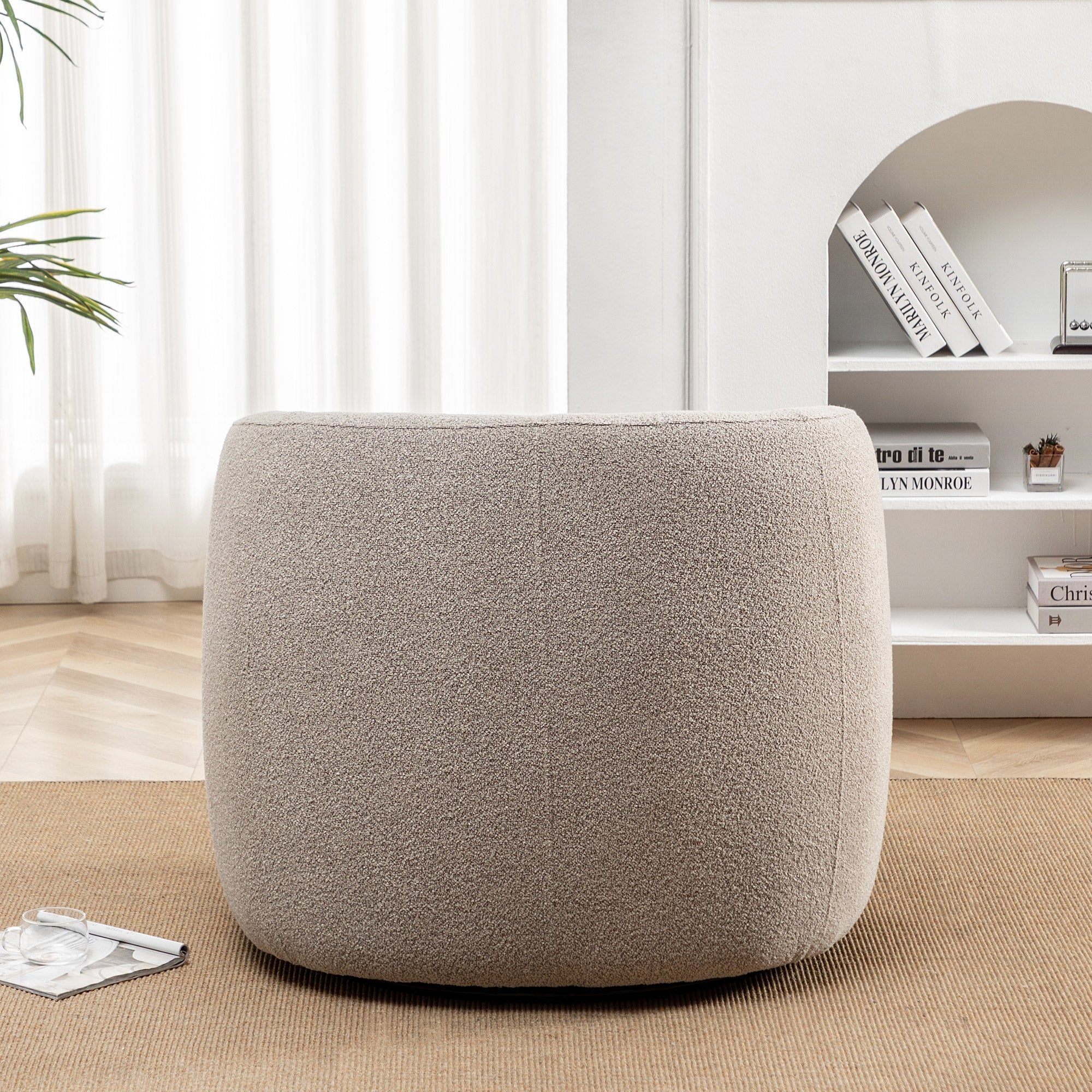 34" Wide Boucle Swivel Barrel Chair, No Assembly Round Upholstered Armchair Accent Chair Single Sofa Chair with Toss Pillow for Living Room and Bedroom, Taupe