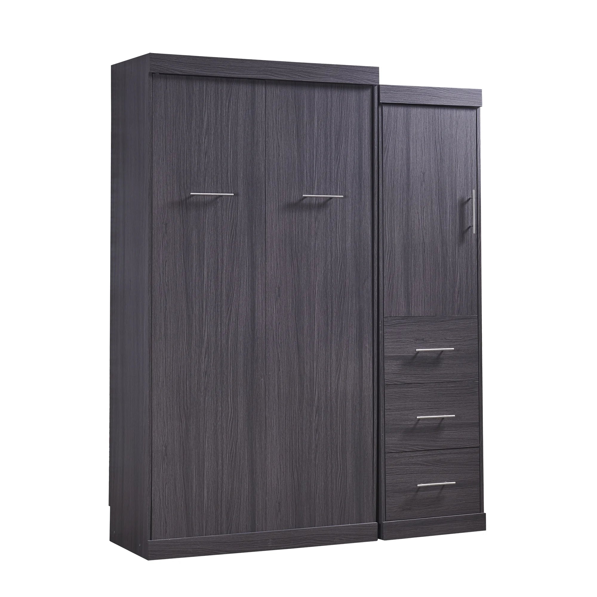 Euroco Wood Full Size Murphy Wall Bed with Wardrobe and Drawers for Living Room, Moveable Wardrobe and Drawers, Space - Saving & Easy Open and Close for Kids Teens Adults, Gray