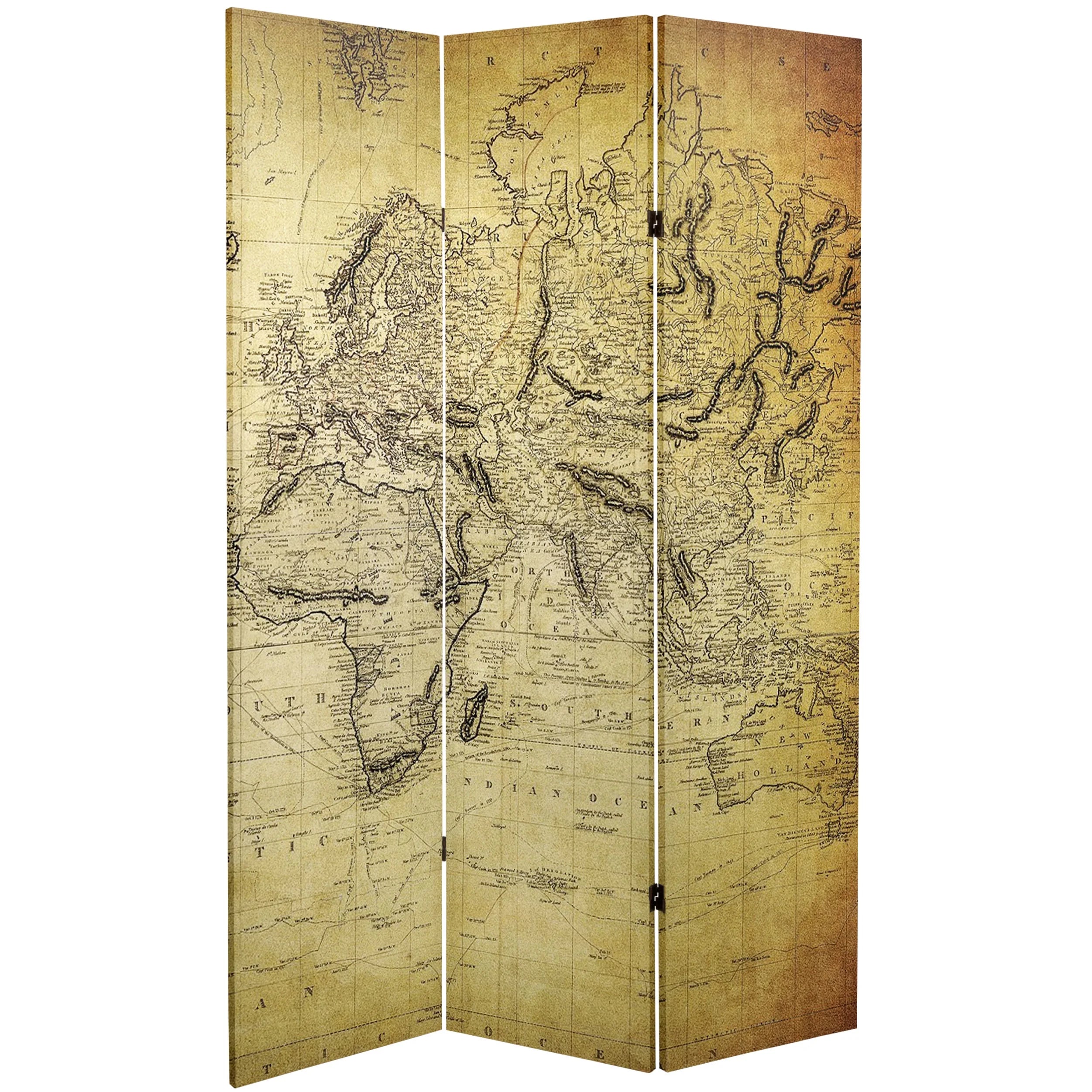 Oriental Furniture 6 Ft. Tall Vintage World Map Canvas Room Divider - 3 Panel