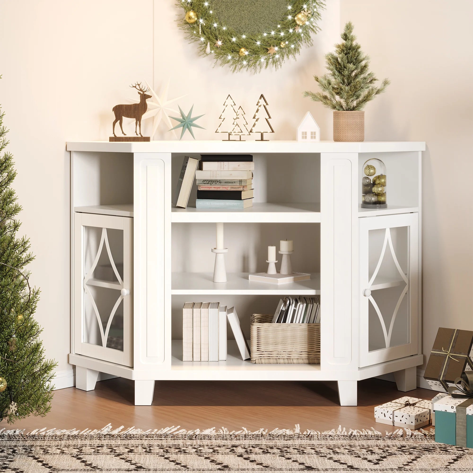 Mayincolor Farmhouse TV Stand for 65+ Inch TV, 34'' Tall Entertainment Center with Sliding Barn Doors, Rustic Wood Media Console Storage Cabinet Television Stand for Living Room, Light Grey