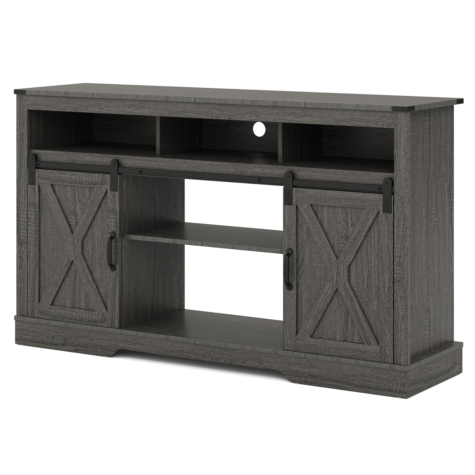 Mayincolor Farmhouse TV Stand for 65+ Inch TV, 34'' Tall Entertainment Center with Sliding Barn Doors, Rustic Wood Media Console Storage Cabinet Television Stand for Living Room, Light Grey
