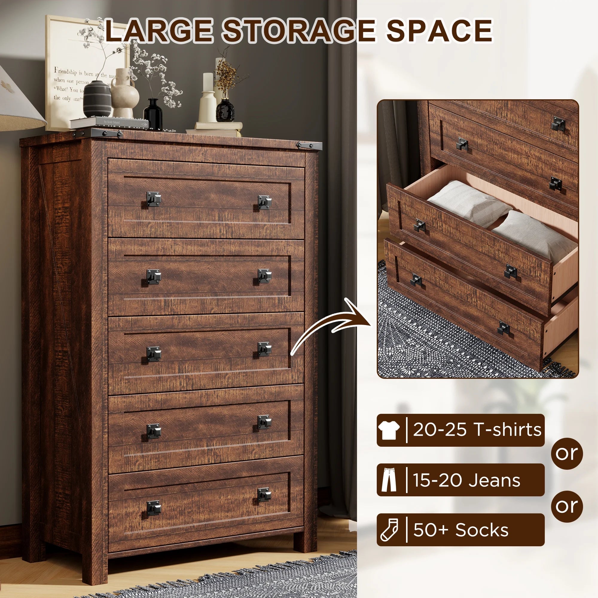 Keywhat Farmhouse 5 Drawer Dresser for Bedroom, Chest of Drawers Wood Organizer for Living Room, Antique White