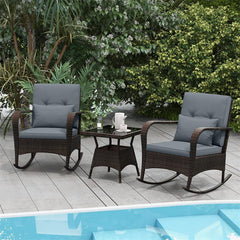 3-Piece Outdoor Wicker Rocking Chair Set, Rattan Bistro Rocker Furniture with Cushions & Pillows, Tempered Glass Coffee Table for Porch Balcony