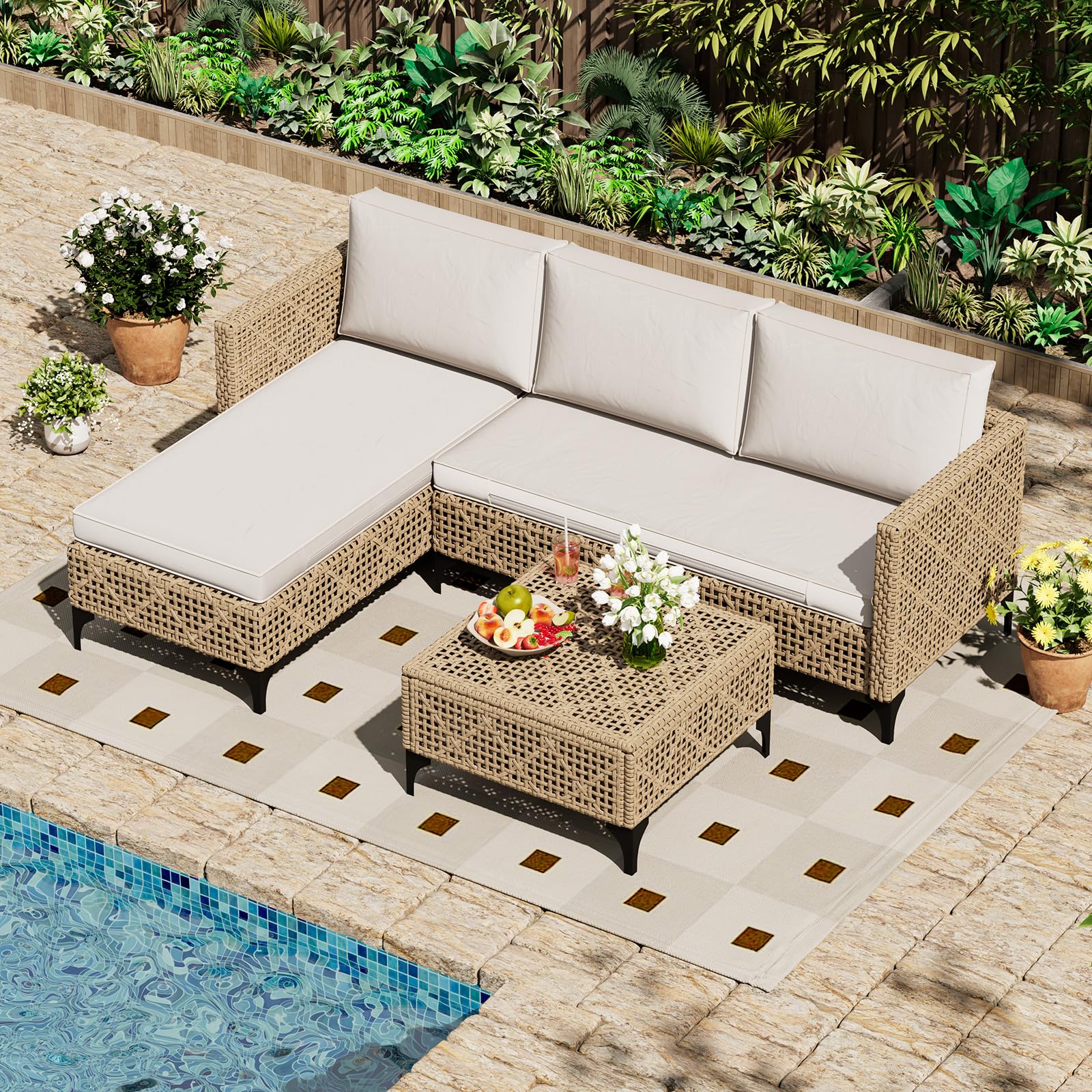 AECOJOY Outdoor Patio Furniture Set, 3 Pieces All Weather Wicker Rattan Sectional Sofa