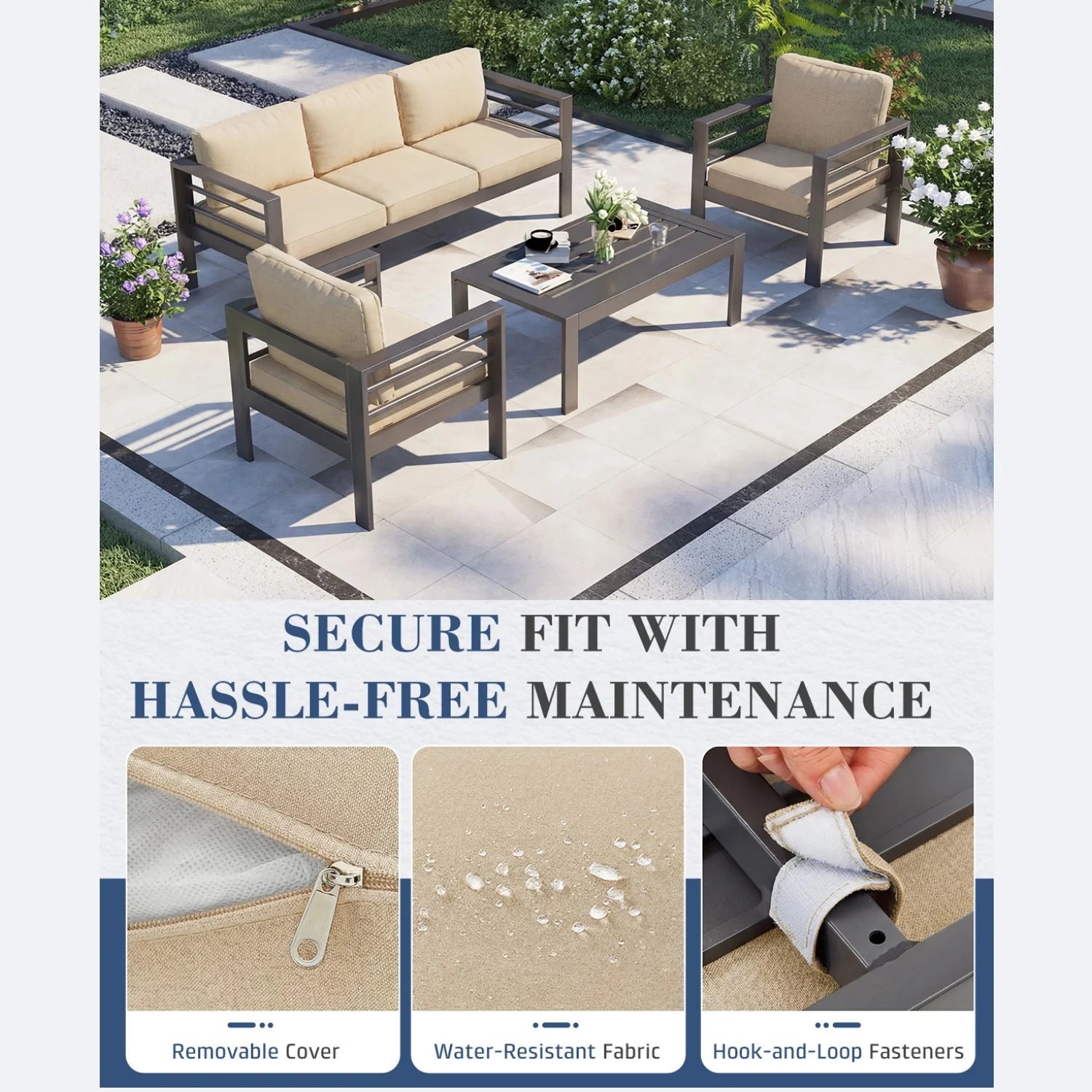 AECOJOY Aluminum Patio Furniture Set, 4 Pieces Outdoor Sectional Sofa Set, Beige