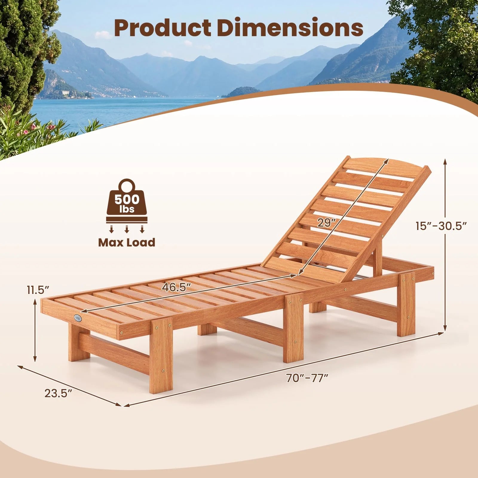 Tangkula Solid Wood Patio Chaise Lounge with 5-Level Adjustable Backrest (1/2)