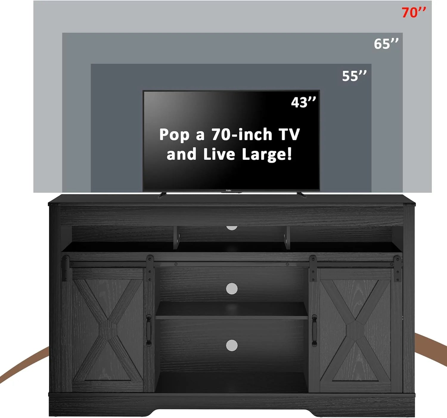 Mayincolor Farmhouse TV Stand for 65+ Inch TV, 34'' Tall Entertainment Center with Sliding Barn Doors, Rustic Wood Media Console Storage Cabinet Television Stand for Living Room, Light Grey