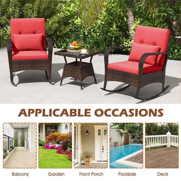 3-Piece Outdoor Wicker Rocking Chair Set, Rattan Bistro Rocker Furniture with Cushions & Pillows, Tempered Glass Coffee Table for Porch Balcony