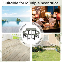 8 Person Round Outdoor Picnic Table Bench Set with Umbrella Hole, All-Weather HDPE Tabletop & Metal Frame for Patio Garden Yard