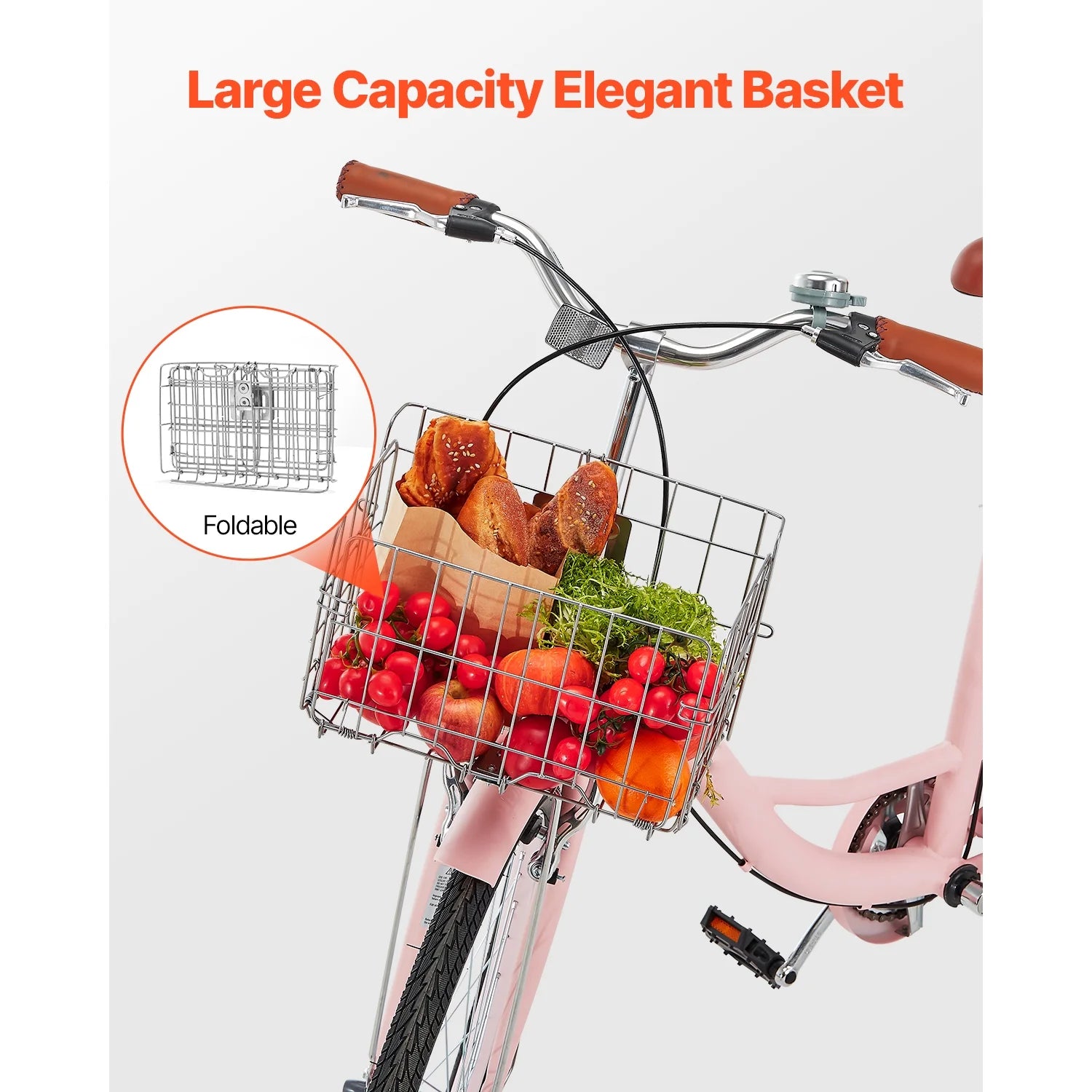KFFKFF 26" Cruiser Bike, Single Speed, Rosé - Colored Seaside Cycling Bike with Spacious Basket and Back Stand, Reliable & Robust Leisure Bicycle with Modifiable Saddle