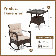 3-Piece Outdoor Wicker Rocking Chair Set, Rattan Bistro Rocker Furniture with Cushions & Pillows, Tempered Glass Coffee Table for Porch Balcony