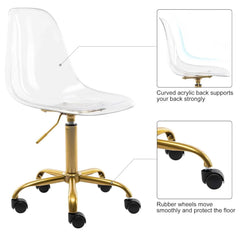 Echoworld Clear Rolling Chair, Armless Desk Chair with Golden Feet Swivel Molded Plastic Shell Adjustable Home Office Chair with Wheels, Clear