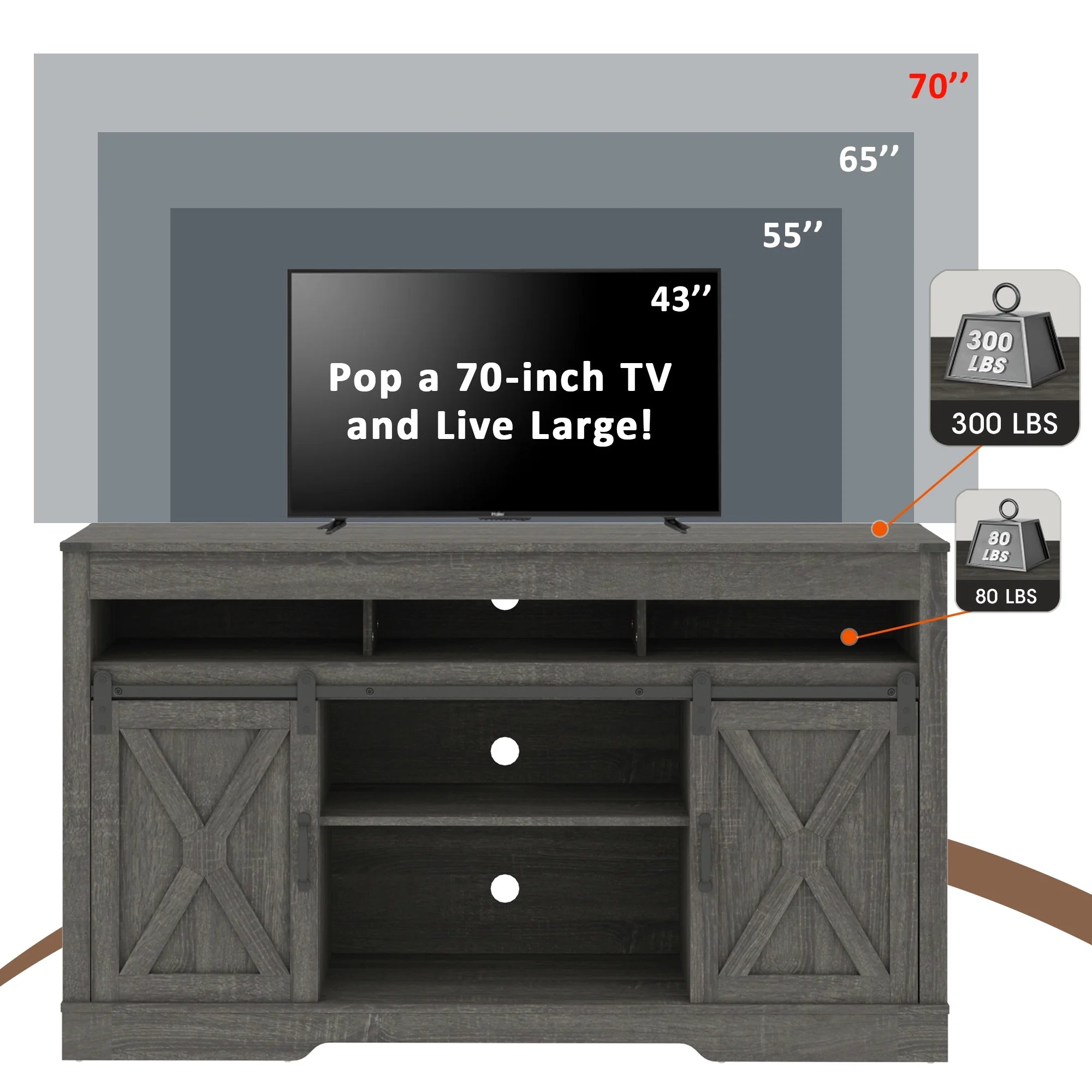 Mayincolor Farmhouse TV Stand for 65+ Inch TV, 34'' Tall Entertainment Center with Sliding Barn Doors, Rustic Wood Media Console Storage Cabinet Television Stand for Living Room, Light Grey