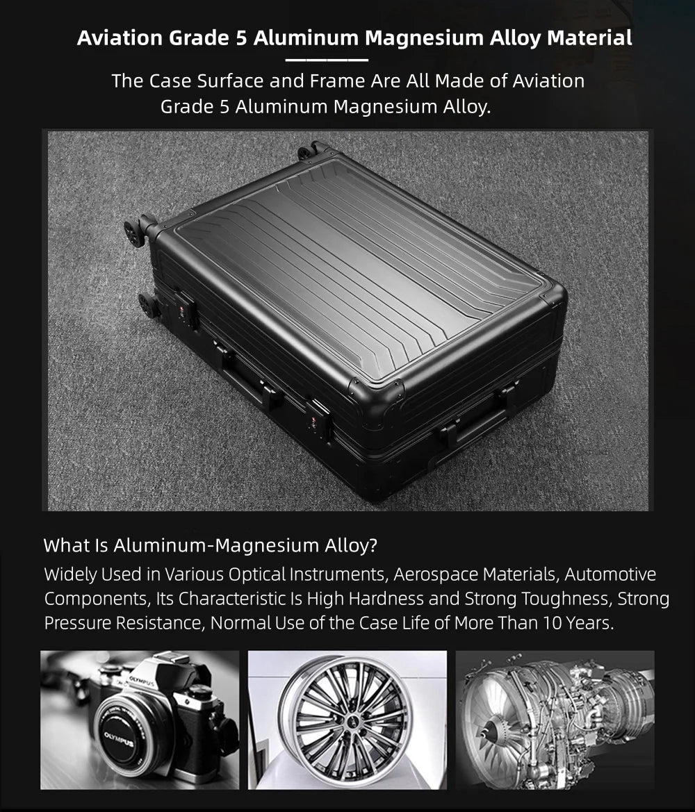 All Aluminum Magnesium Hardshell Carry on Luggage with Wheels, Modern Zipperless Hardshell Checked Luggage with TSA Lock, Airline Approved Metal Suitcase Travel Metal Rolling Luggage