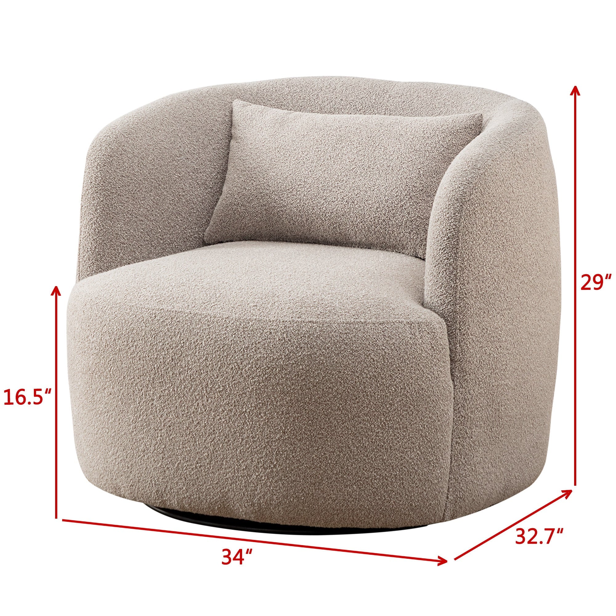 34" Wide Boucle Swivel Barrel Chair, No Assembly Round Upholstered Armchair Accent Chair Single Sofa Chair with Toss Pillow for Living Room and Bedroom, Taupe