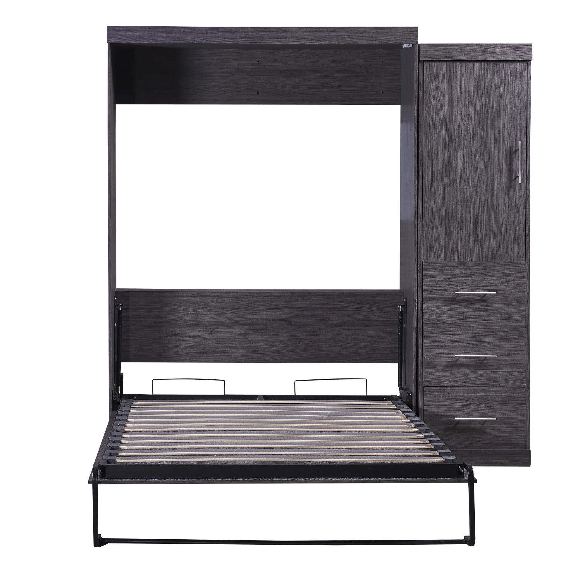 Euroco Wood Full Size Murphy Wall Bed with Wardrobe and Drawers for Living Room, Moveable Wardrobe and Drawers, Space - Saving & Easy Open and Close for Kids Teens Adults, Gray