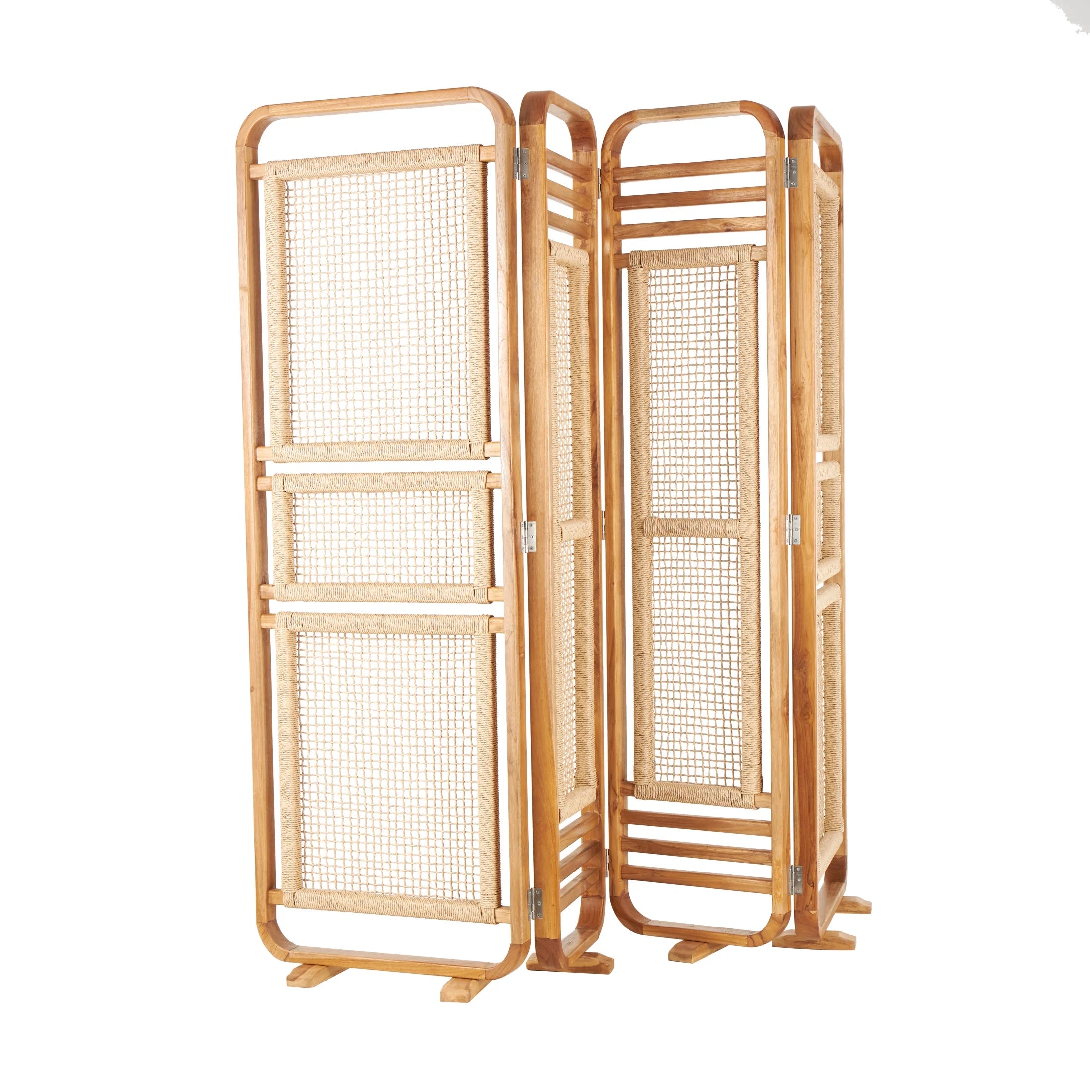 Decmode 79" x 70" Brown Teak Wood Handmade Foldable Partition 4 Panel Room Divider Screen with Woven Rattan Panels, 1 - Piece