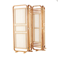 Decmode 79" x 70" Brown Teak Wood Handmade Foldable Partition 4 Panel Room Divider Screen with Woven Rattan Panels, 1 - Piece