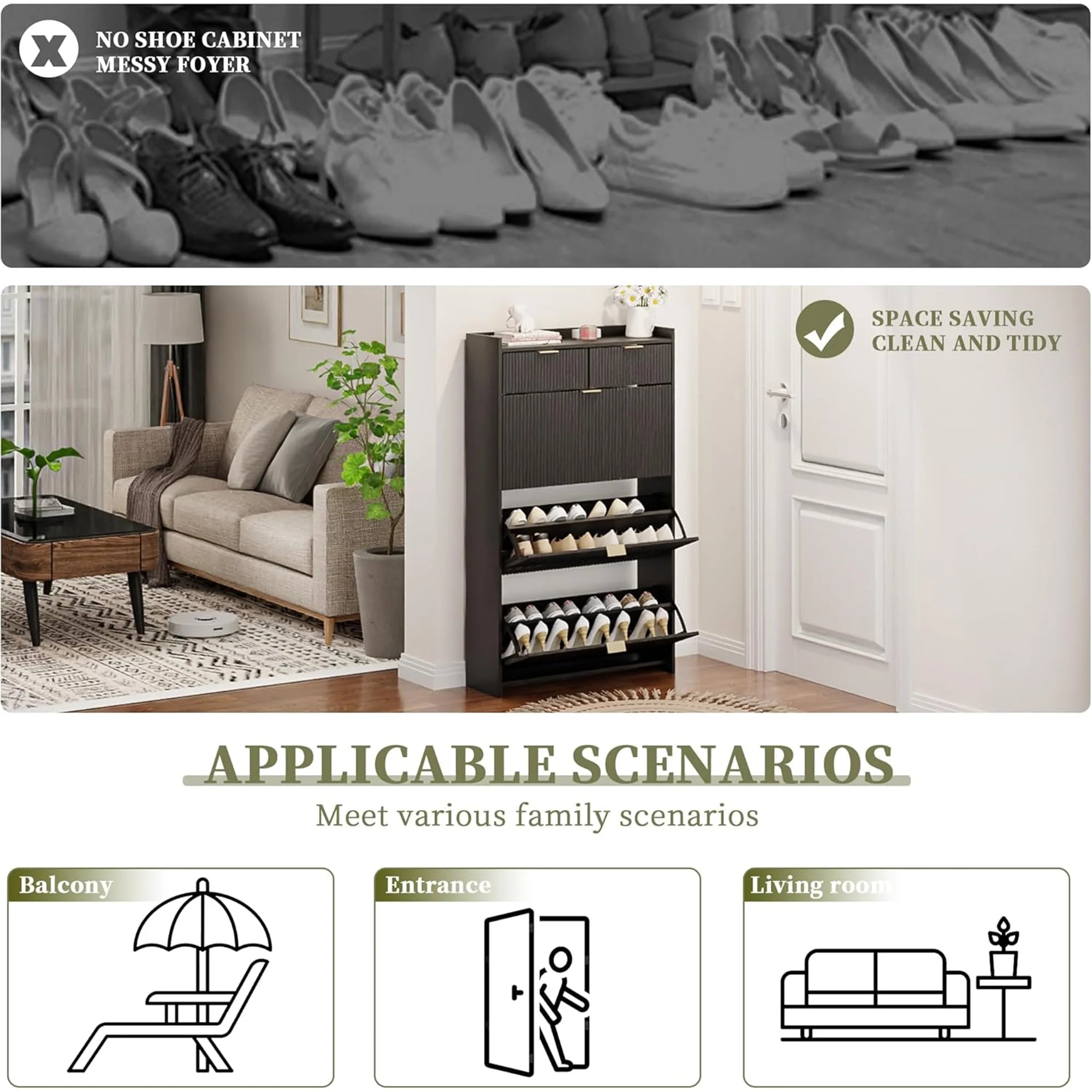 Shoe Cabinet, Free Standing Tipping Bucket Shoe Rack Organizer with 3 Flip Drawers, Modern Entryway Narrow Shoe Rack with 2 Drawers & Top Storage, for Hallway Bedroom, Walnut