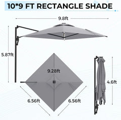 AECOJOY 10FT Large Patio Umbrella with Solar Lights, Rectangle Wall Mounted Outdoor Patio Umbrella, Grey