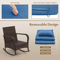 3-Piece Outdoor Wicker Rocking Chair Set, Rattan Bistro Rocker Furniture with Cushions & Pillows, Tempered Glass Coffee Table for Porch Balcony
