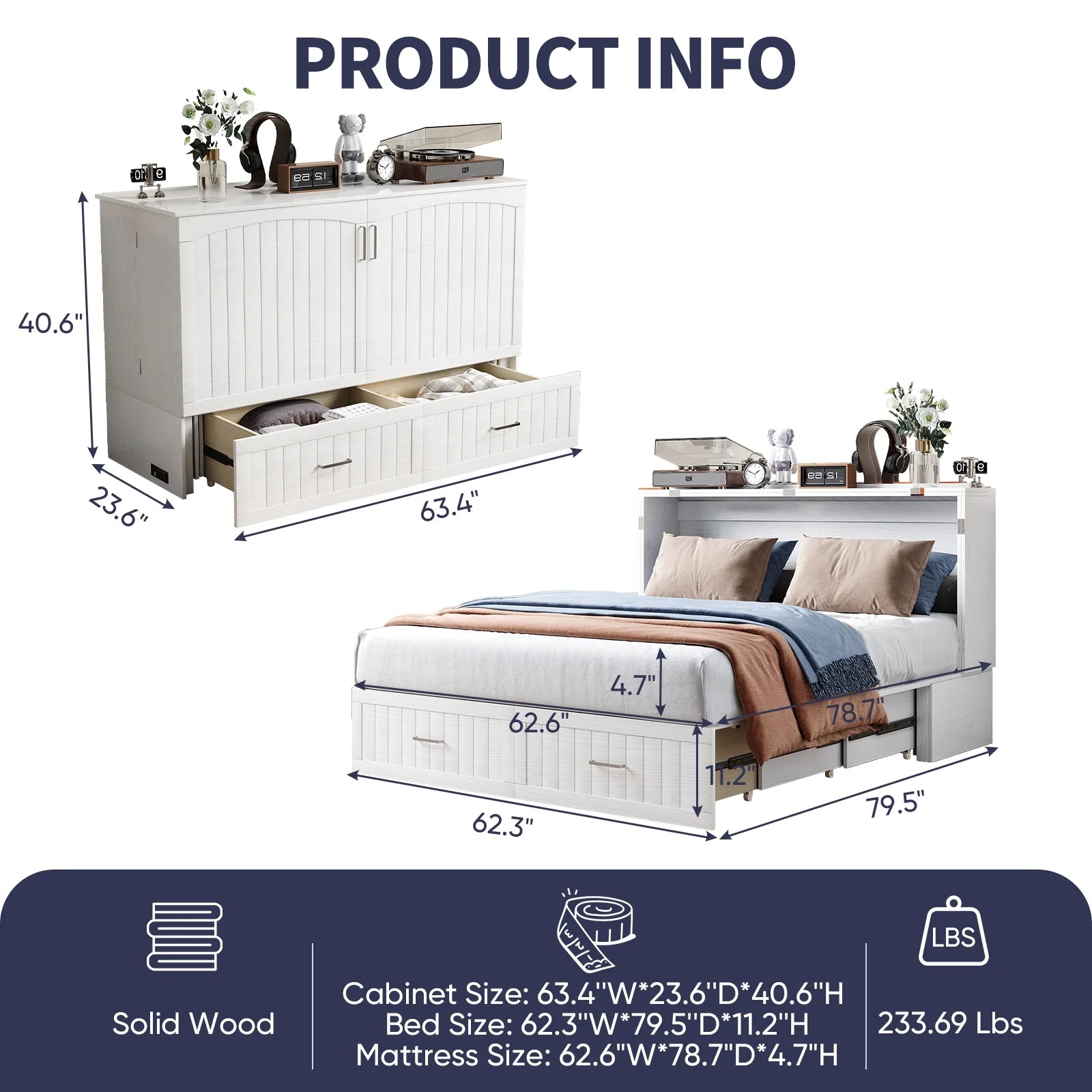 ZAFLY Murphy Bed with Trifold Foam Mattress, Cabinet Bed Has USB Charging Station, Convertible Bed with Storage Platform, Cabinet Chest Bed with Large Drawers for Living Room/Bedroom (Grey)