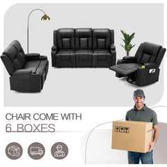 AECOJOY 3 Pieces Leather Recliner Sofa Set with Swivel Massage Chair, Black