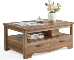 LINSY HOME Farmhouse Coffee Table with Storage, Wood Coffee Table for Living Room, Open Display Area and Storage Drawers with Metal Handles, Chic Style with Curved Base, Brown