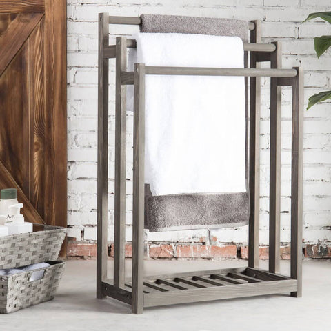 MyGift 3-Bar Wood Gray Towel and Quilt Rack Stand for Kitchen and Bathroom with Bottom Shelf