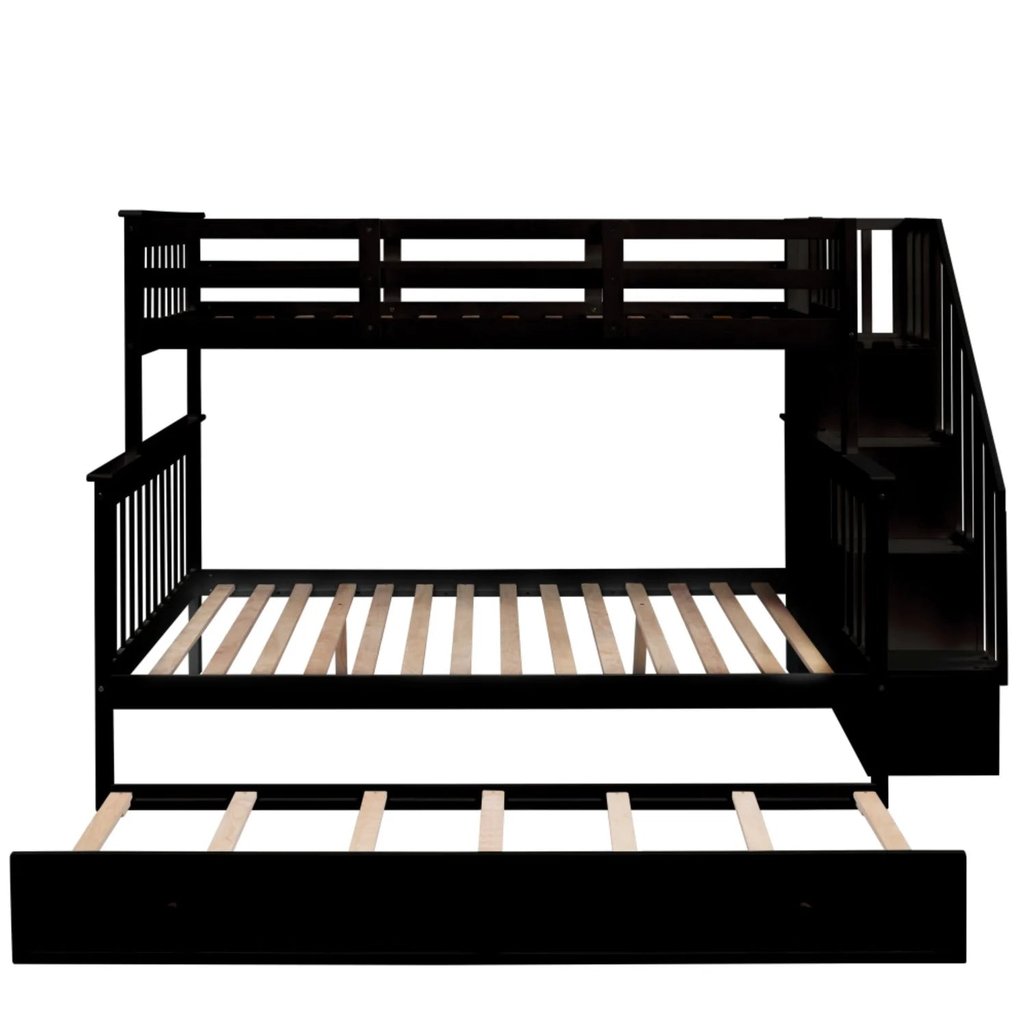 AECOJOY Twin-Over-Full Bunk Bed with Twin size Trundle, Storage and Guard Rail for Bedroom, Espresso