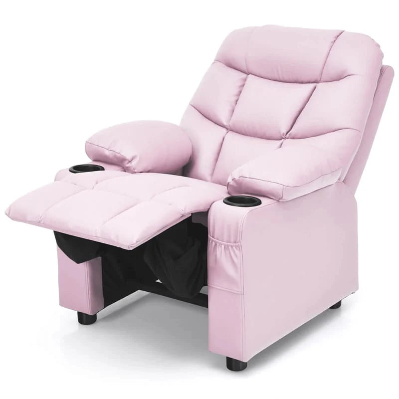 Kids Recliner Chair PU Leather Adjustable Lounge Sofa with Cup Holder, 3 Pockets & Retractable Footrest, Ergonomic Toddler Furniture Sofa