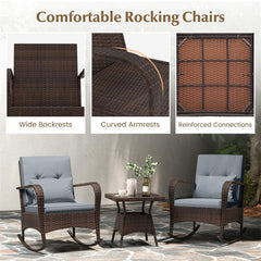 3-Piece Outdoor Wicker Rocking Chair Set, Rattan Bistro Rocker Furniture with Cushions & Pillows, Tempered Glass Coffee Table for Porch Balcony
