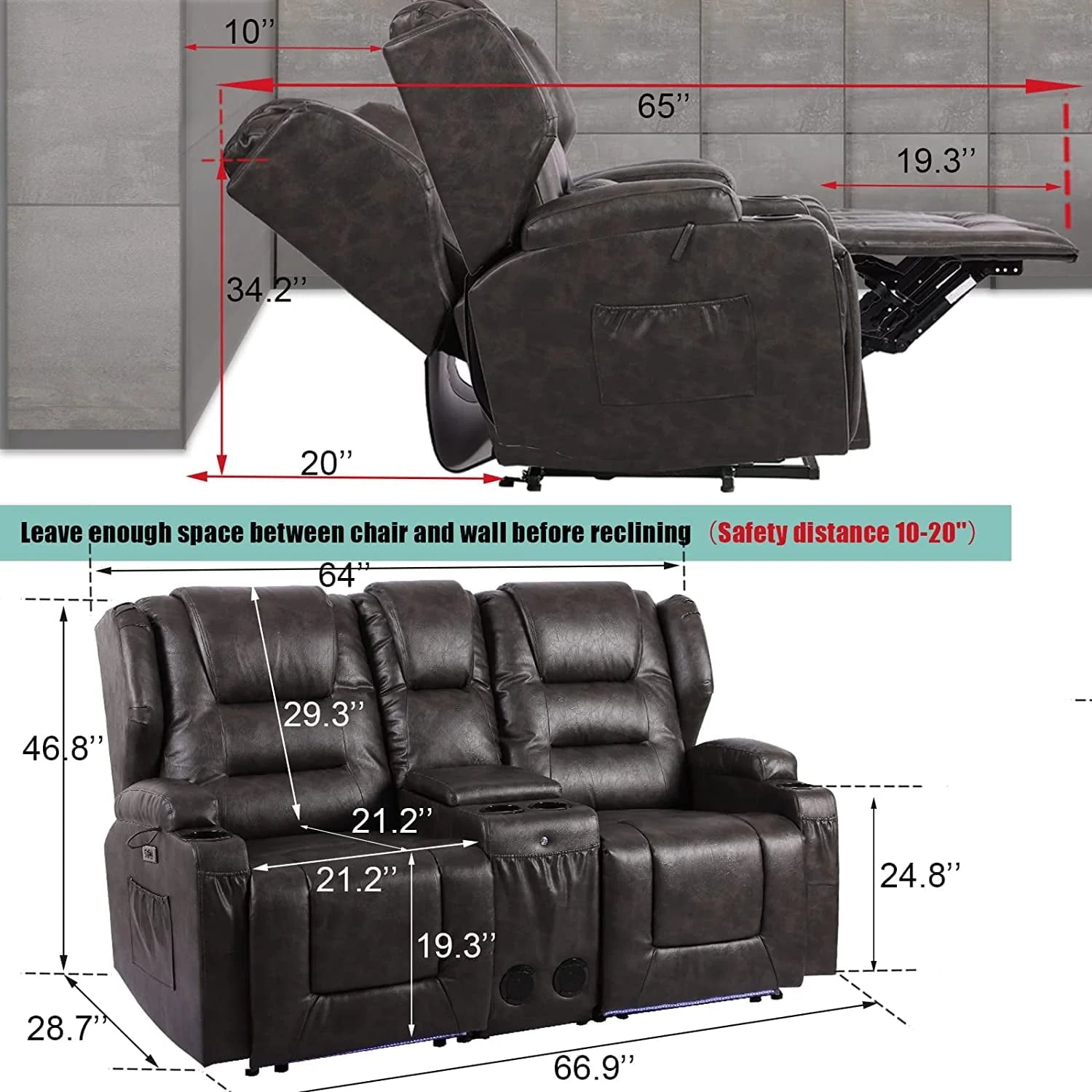 IPKIG Electric Home Theater Seating - Power Recline Chair Loveseat RV Sofa with Console, 67" Double Recliner 2 - Seater RV Couch with Storage/USB Charging/Lighting/Cup Holders for Living Room